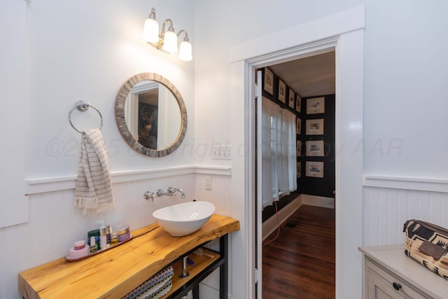 bathroom featuring a sink, wood finished floors, wainscoting, and a decorative wall