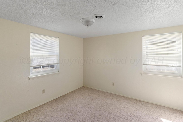 unfurnished room featuring a wealth of natural light, visible vents, carpet, and a textured ceiling