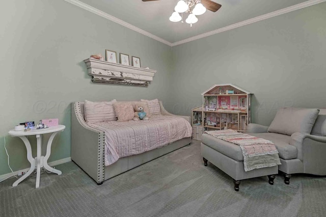 bedroom with carpet floors, ornamental molding, baseboards, and a ceiling fan