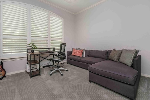 carpeted home office with crown molding and baseboards