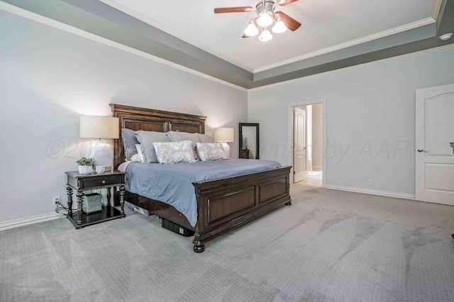 bedroom with light carpet, crown molding, baseboards, and a ceiling fan