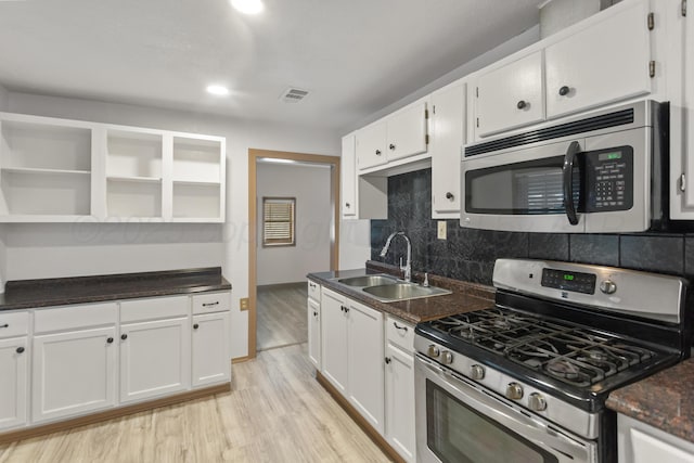 431 Crest, Pampa, TX 79065 - kitchen featuring appliances with stainless steel finishes, open shelves, a sink, white cabinets, and backsplash