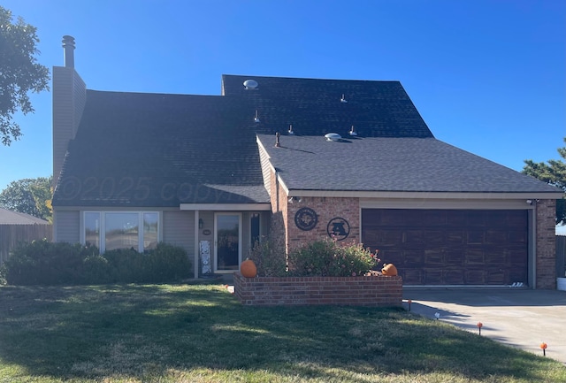 145 Pioneer Dr, Booker, TX 79005 - view of front facade with driveway, a chimney, a shingled roof, a front lawn, and a garage