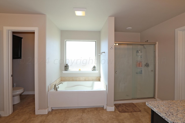 full bathroom with toilet, vanity, and separate shower and tub