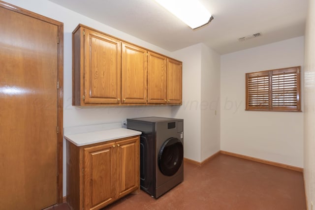 3616 Van Tassel St, Amarillo, TX 79121 - laundry room featuring washer / clothes dryer, cabinet space, baseboards, and light carpet