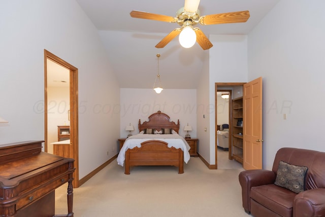 3616 Van Tassel St, Amarillo, TX 79121 - bedroom featuring vaulted ceiling, light carpet, baseboards, and ceiling fan