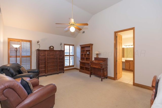 3616 Van Tassel St, Amarillo, TX 79121 - living area featuring lofted ceiling, light carpet, ceiling fan, and baseboards