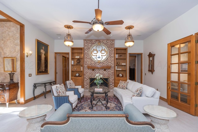 3616 Van Tassel St, Amarillo, TX 79121 - living area with baseboards, ceiling fan, and a brick fireplace