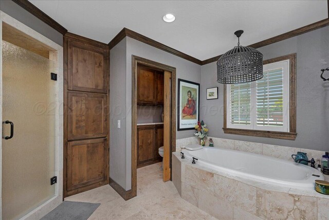 100 S Avondale St, Amarillo, TX 79106 - bathroom featuring ornamental molding, a garden tub, and a stall shower