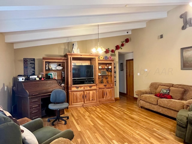 living room with light wood-type flooring, vaulted ceiling with beams, and a chandelier