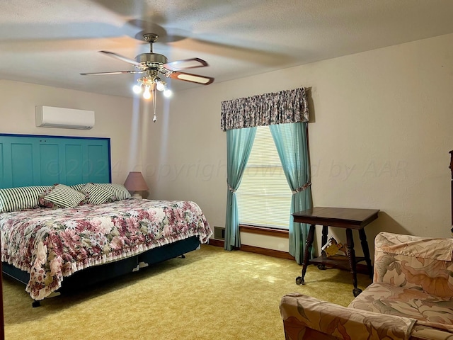 carpeted bedroom featuring a wall unit AC and ceiling fan