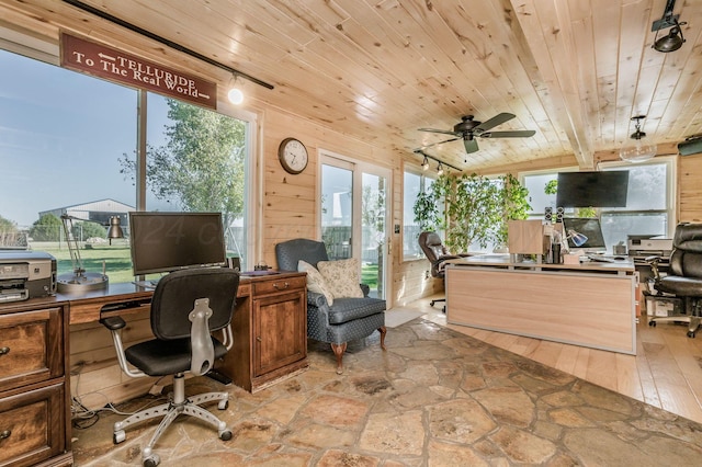 office featuring ceiling fan, light hardwood / wood-style flooring, wood ceiling, and wood walls