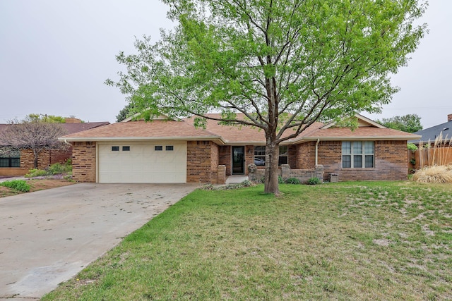 ranch-style house featuring a garage, fence, concrete driveway, and brick siding