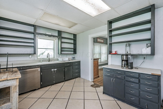300 E 4th St, Clarendon, TX 79226 - kitchen featuring open shelves, dishwashing machine, a drop ceiling, a sink, and light countertops