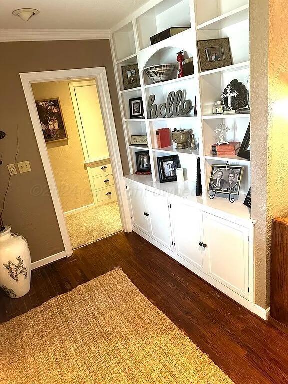 mudroom featuring dark hardwood / wood-style flooring and ornamental molding