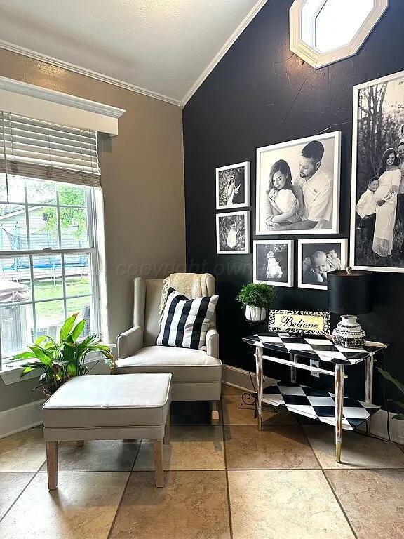 living area featuring crown molding and vaulted ceiling