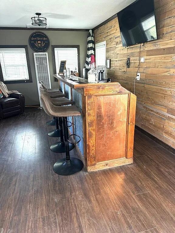 bar featuring plenty of natural light, dark wood-type flooring, and wooden walls