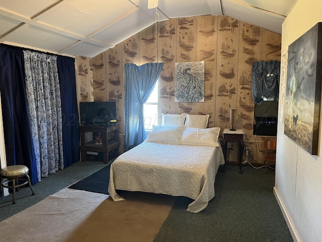 carpeted bedroom featuring lofted ceiling