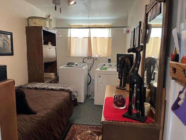 bedroom featuring washing machine and dryer and carpet