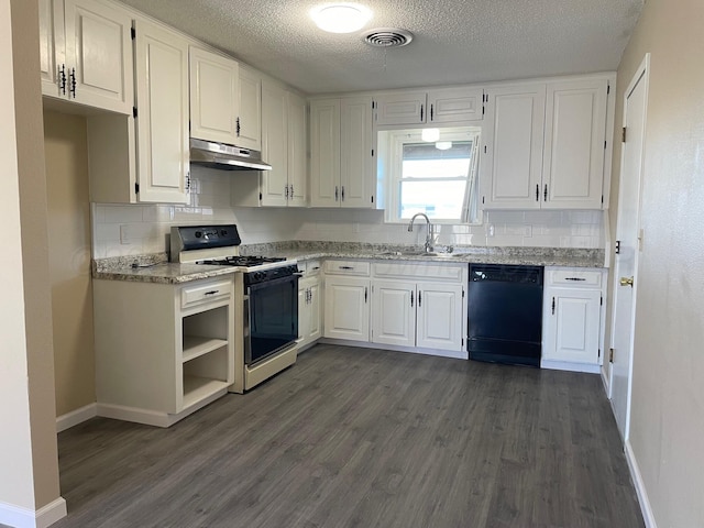 kitchen with white cabinets, range with gas stovetop, sink, and dishwasher