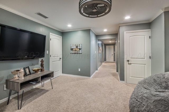 interior space featuring light carpet and crown molding