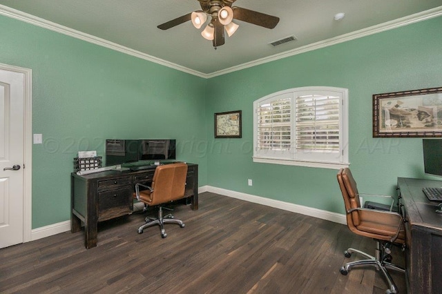 office with ornamental molding, dark hardwood / wood-style flooring, and ceiling fan