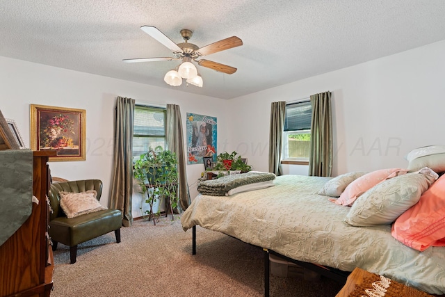 3100 Pittsburg St, Amarillo, TX 79103 - bedroom with multiple windows, carpet, a textured ceiling, and a ceiling fan