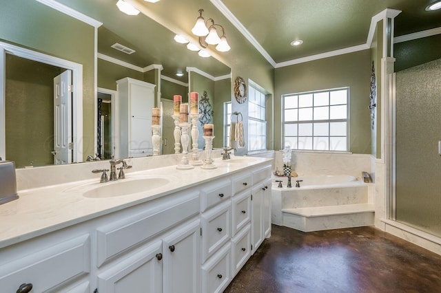 bathroom with concrete flooring, shower with separate bathtub, vanity, and ornamental molding