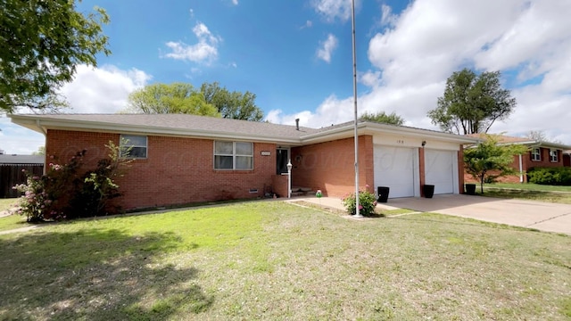 single story home featuring a garage, driveway, a front lawn, and brick siding