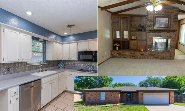 5614 Tranquil Cir, Amarillo, TX 79109 - kitchen with stainless steel dishwasher, black microwave, white cabinetry, plenty of natural light, and vaulted ceiling