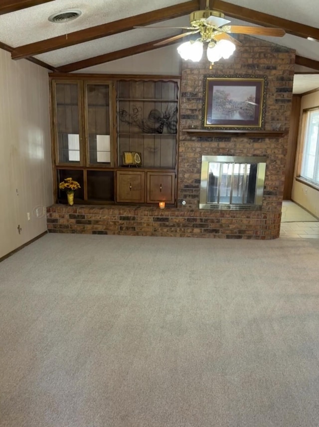 5614 Tranquil Cir, Amarillo, TX 79109 - unfurnished living room featuring a ceiling fan, light carpet, and a fireplace