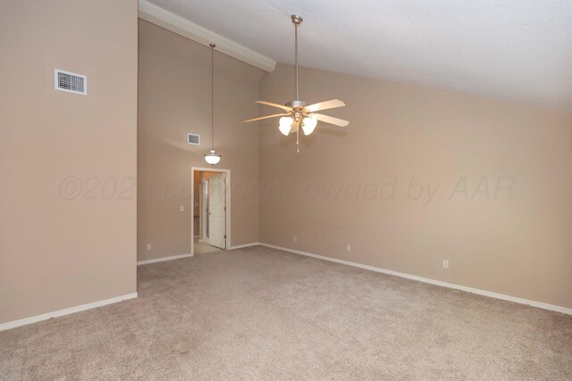 6703 Mosley St, Amarillo, TX 79119 - carpeted empty room featuring ceiling fan, baseboards, and high vaulted ceiling