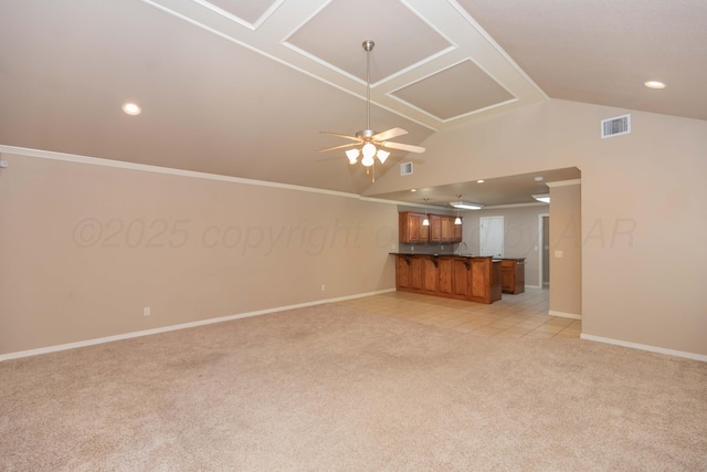 6703 Mosley St, Amarillo, TX 79119 - unfurnished living room with light colored carpet, lofted ceiling, baseboards, ceiling fan, and recessed lighting