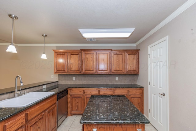 6703 Mosley St, Amarillo, TX 79119 - kitchen featuring a sink, dishwasher, ornamental molding, and brown cabinetry