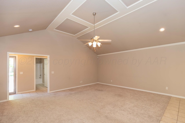 6703 Mosley St, Amarillo, TX 79119 - spare room with lofted ceiling, ceiling fan, light tile patterned floors, baseboards, and light carpet