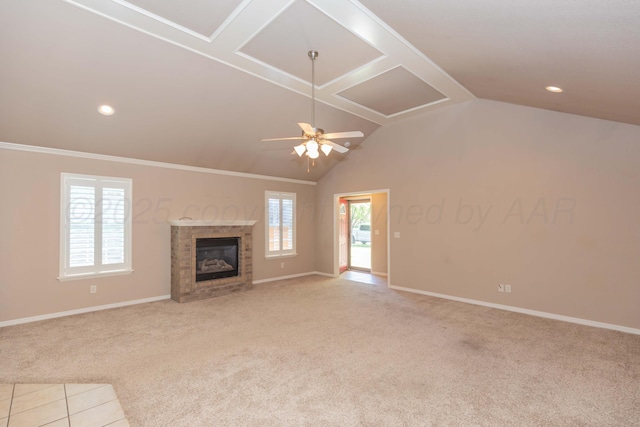 6703 Mosley St, Amarillo, TX 79119 - unfurnished living room featuring carpet flooring, a ceiling fan, baseboards, a fireplace, and lofted ceiling