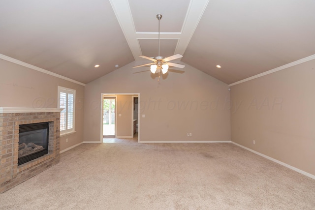 6703 Mosley St, Amarillo, TX 79119 - unfurnished living room featuring a fireplace, ceiling fan, light carpet, baseboards, and lofted ceiling