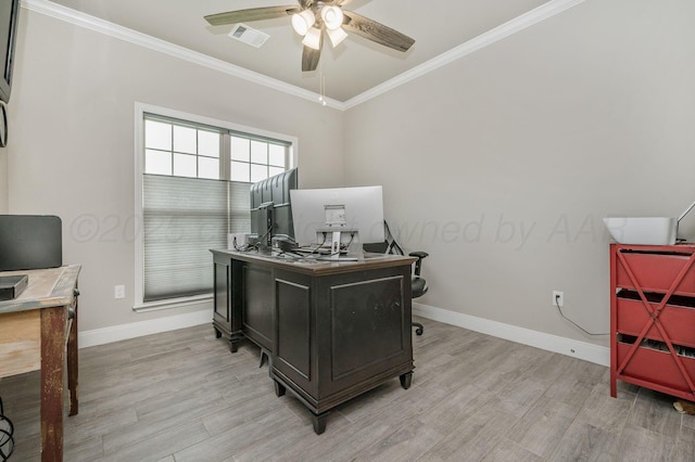 7611 Crestline Dr, Amarillo, TX 79119 - home office with ceiling fan, light wood-style flooring, and crown molding