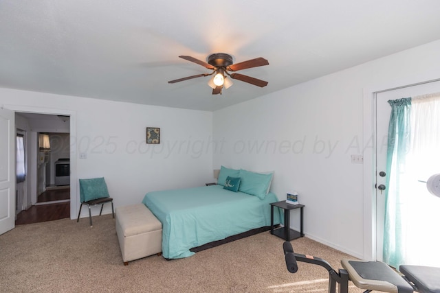 bedroom featuring ceiling fan and carpet flooring