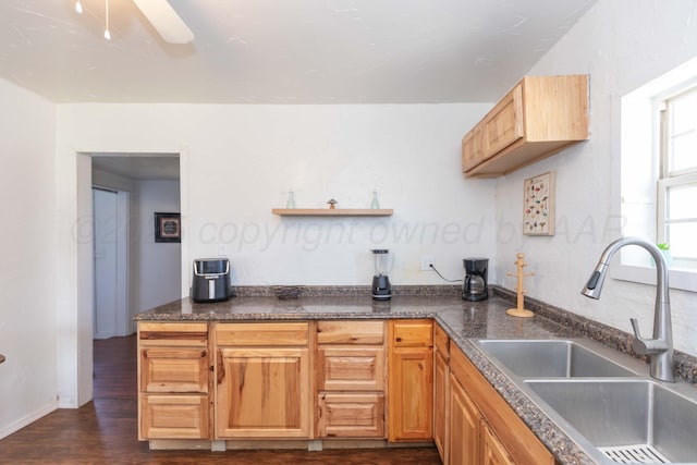 kitchen featuring a sink, dark countertops, a ceiling fan, and dark wood-style floors