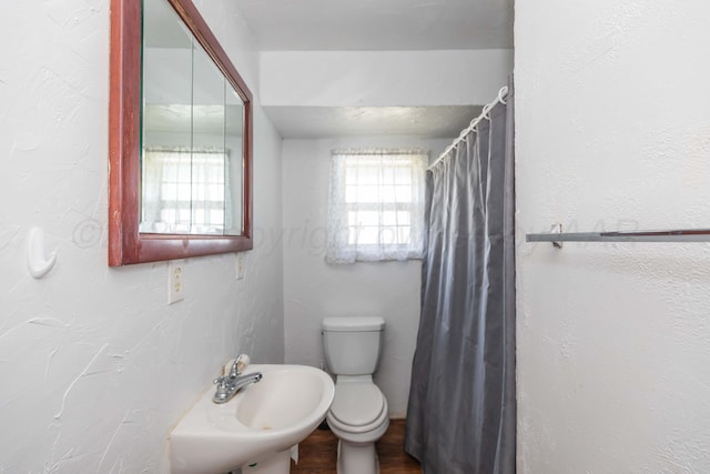 full bathroom with a shower with shower curtain, a sink, toilet, and wood finished floors