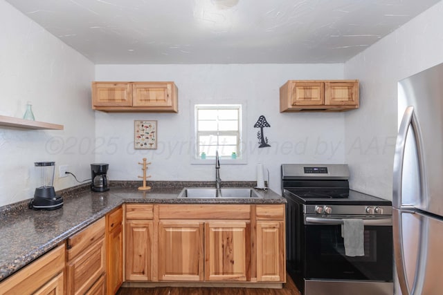 kitchen with dark stone counters, a sink, open shelves, and stainless steel appliances