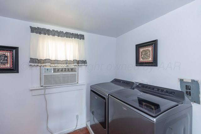 clothes washing area with independent washer and dryer, cooling unit, and laundry area
