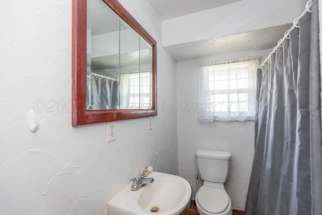 bathroom featuring a sink, toilet, and curtained shower