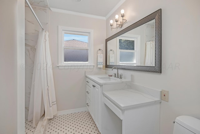 bathroom featuring crown molding, toilet, vanity, a shower with curtain, and tile patterned floors