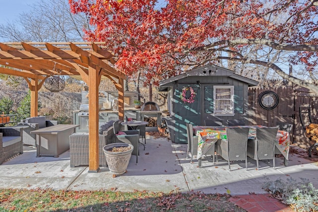 view of patio featuring an outdoor living space and a pergola