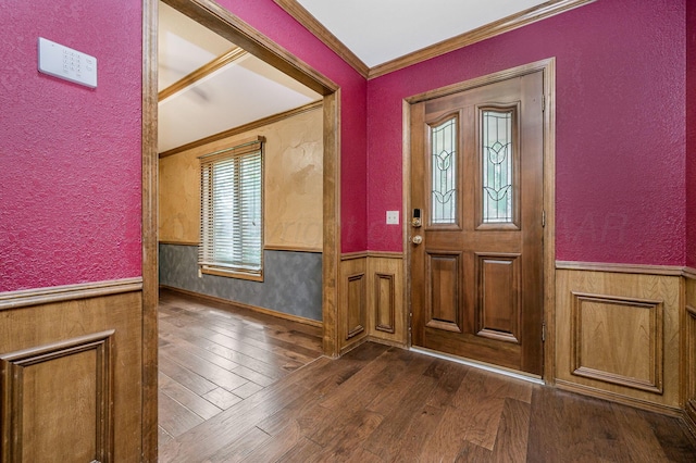 7502 Tripp Ave, Amarillo, TX 79121 - foyer with wainscoting, crown molding, dark wood finished floors, and a textured wall