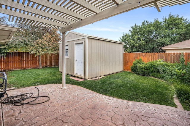 7502 Tripp Ave, Amarillo, TX 79121 - fenced backyard with a patio area, a storage unit, and a pergola
