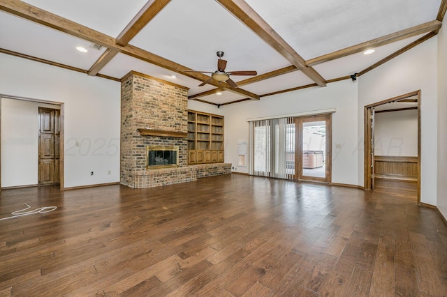 7502 Tripp Ave, Amarillo, TX 79121 - unfurnished living room featuring beamed ceiling, hardwood / wood-style floors, ceiling fan, coffered ceiling, and recessed lighting