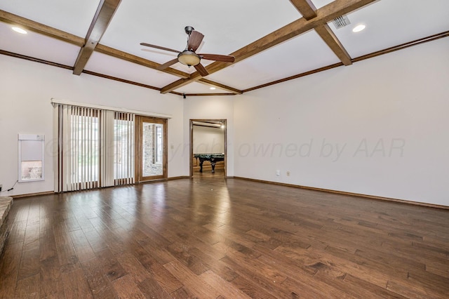 7502 Tripp Ave, Amarillo, TX 79121 - empty room with beamed ceiling, hardwood / wood-style floors, coffered ceiling, ceiling fan, and recessed lighting